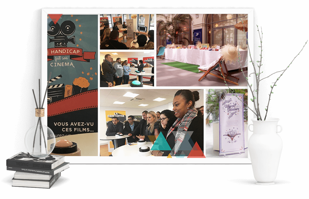 Photo montage où l'on peut retrouver : kakémono, animation cinéquiz, buffet, collaborateur.rice.s