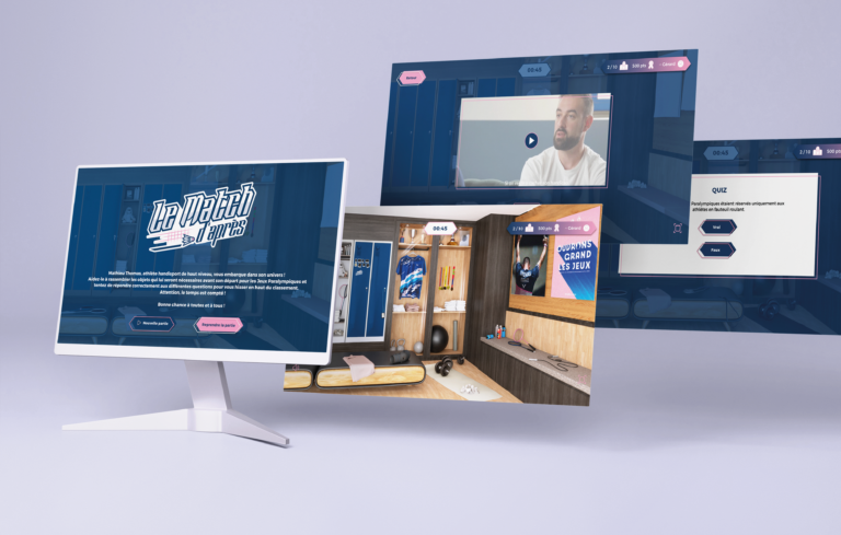 Mockup du jeu digital En route vers les Jeux : 1 écran avec un pc, 2ème avec le vestiaire de Mathieu Thomas, 3ème avec une vidéo de Mathieu Thomas, et quatrième avec un quiz