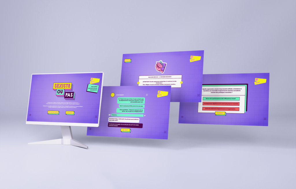 Mockup du micro-learning "sexiste ou pas" : 1 écran avec un pc, 2ème avec une discussion, 3ème avec une explication de la mauvaise réponse, et quatrième avec une question et plusieurs proposition de réponses dont la bonne et les mauvaises réponses