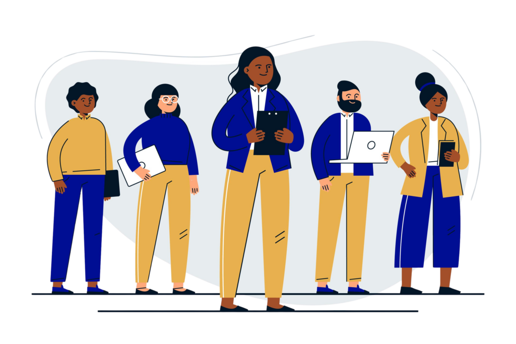 5 personnages debout qui tiennent des écrans et carnets dans leurs mains au travail